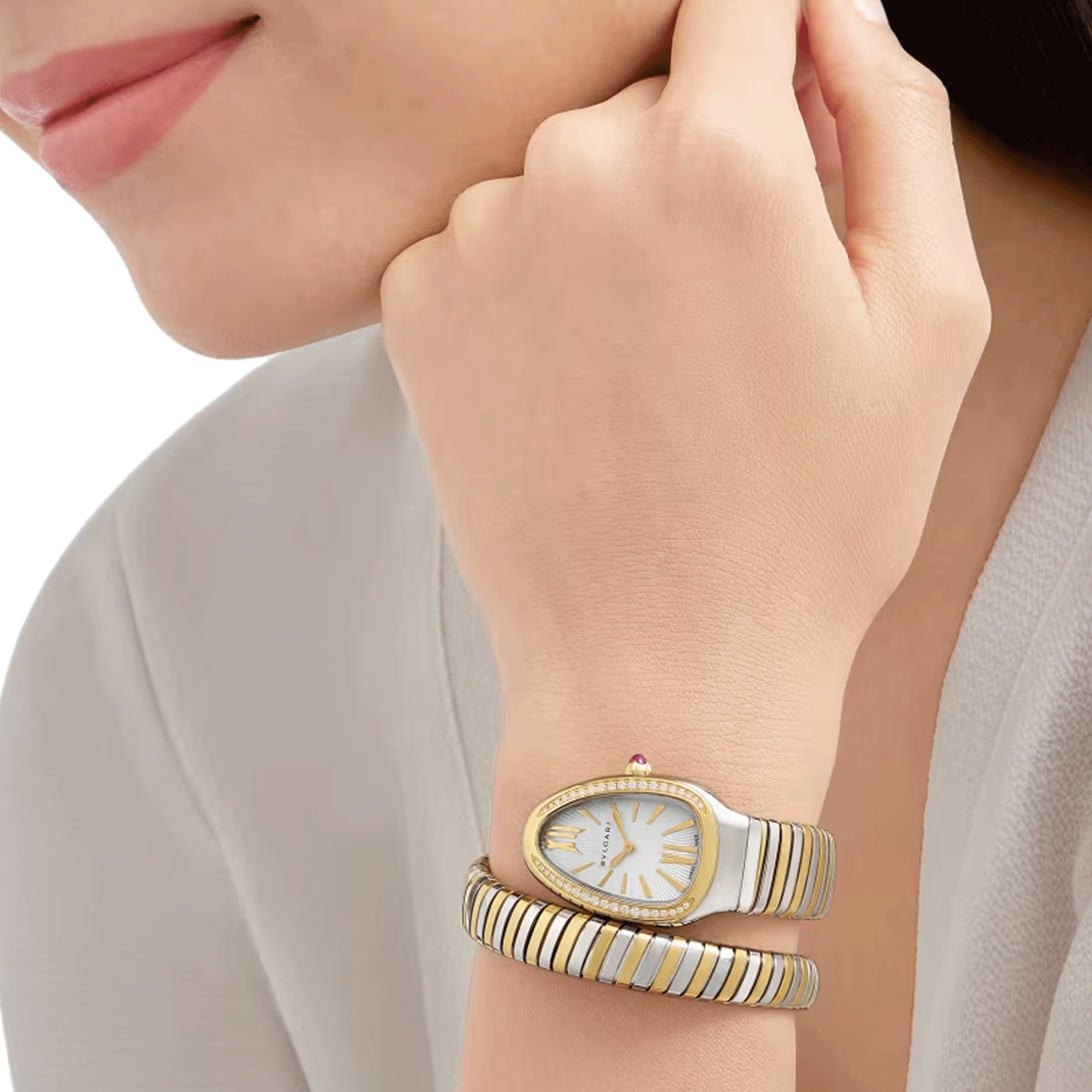 Bulgari Serpenti Tubogas quartz watch bezel set with opaline white dial steel and yellow gold bracelet 35 mm 103648