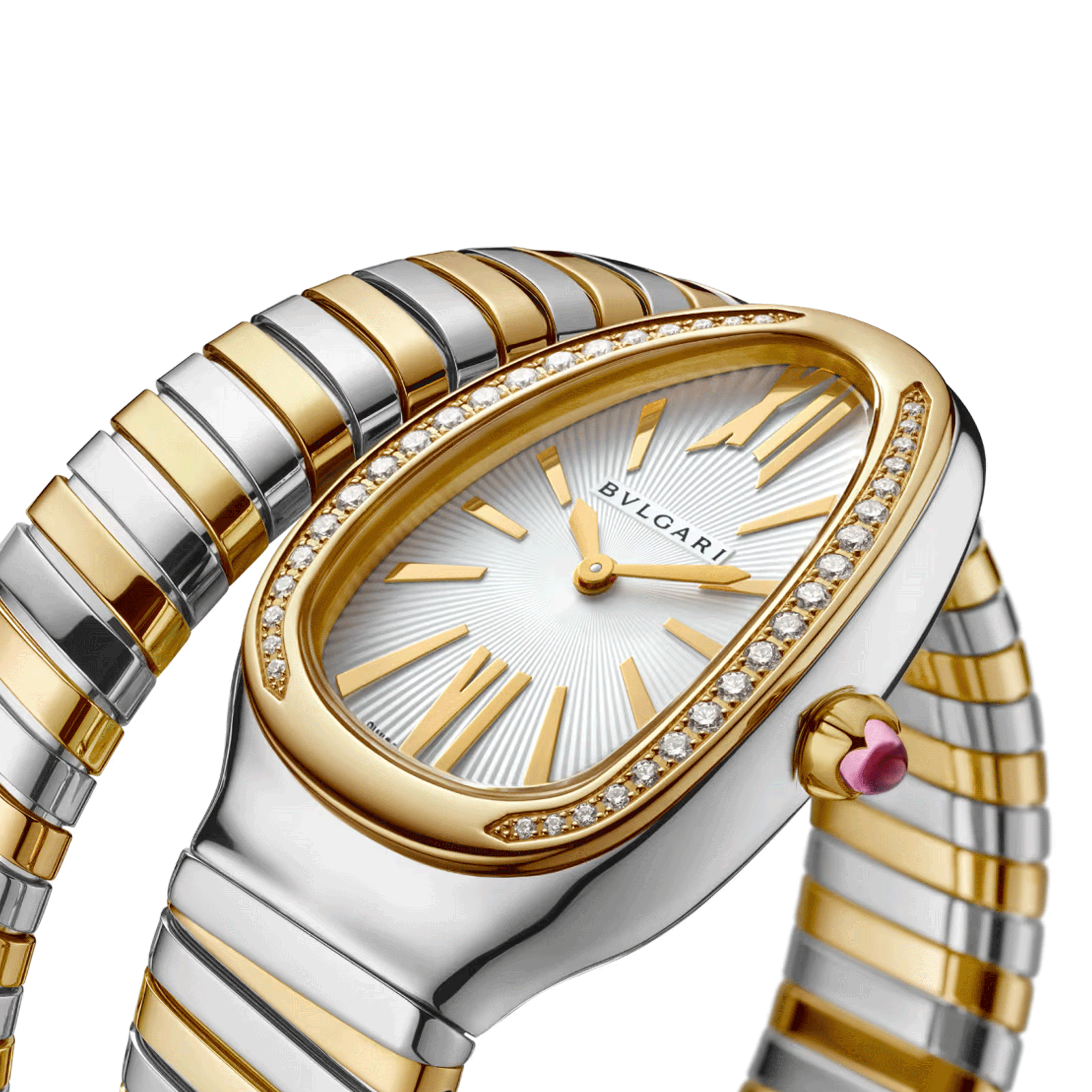 Montre Bulgari Serpenti Tubogas quartz lunette sertie cadran blanc opalin bracelet acier et or jaune 35 mm 103648