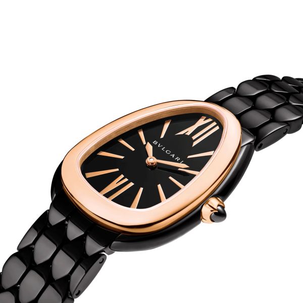Montre Bulgari Serpenti Seduttori quartz lunette or rose cadran noir bracelet acier DLC noir 33 mm 103704