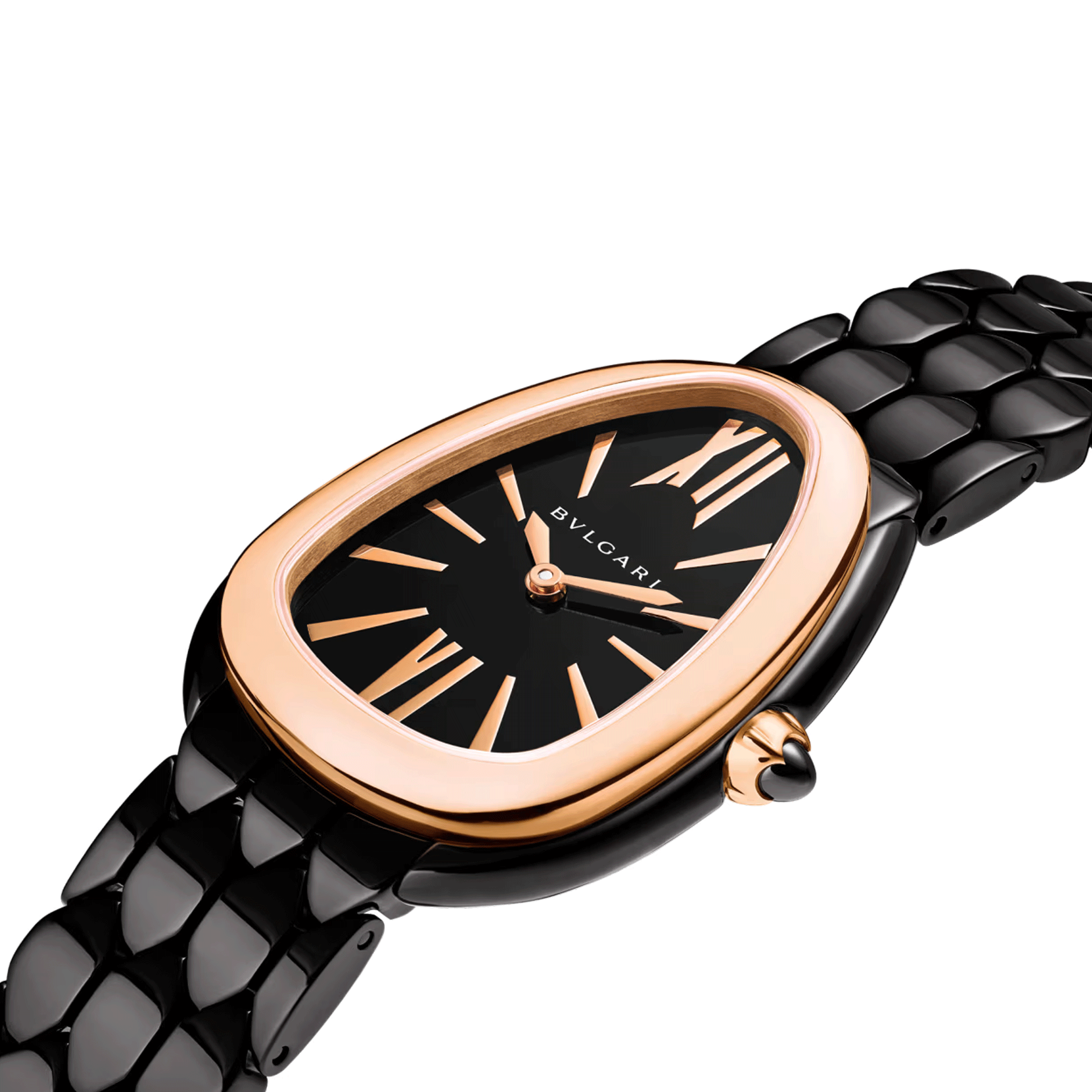 Bulgari Serpenti Seduttori quartz watch rose gold bezel black dial black DLC steel bracelet 33 mm 103704