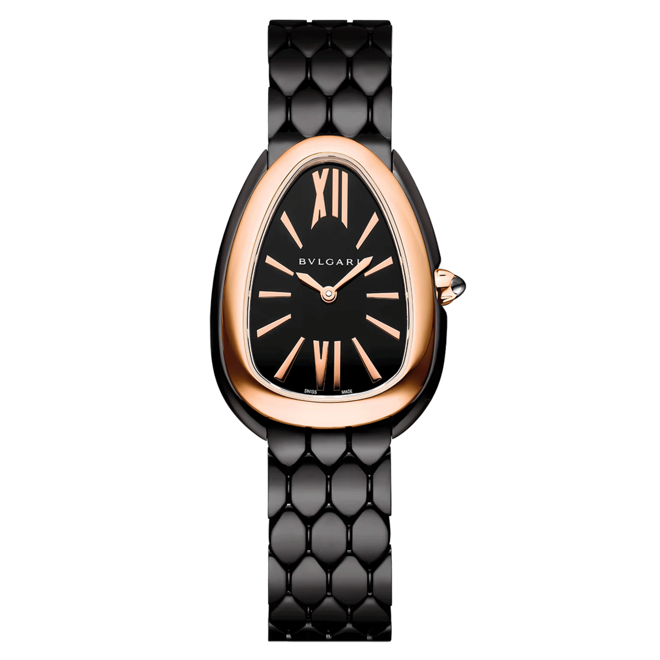 Montre Bulgari Serpenti Seduttori quartz lunette or rose cadran noir bracelet acier DLC noir 33 mm 103704