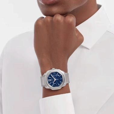 Bulgari Octo Roma automatic chronograph watch blue dial steel bracelet 42 mm 103829