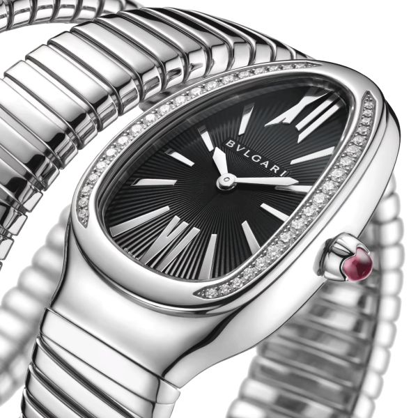 Montre Bulgari Serpenti Tubogas L quartz lunette sertie cadran noir bracelet acier double tour 35 mm 103818