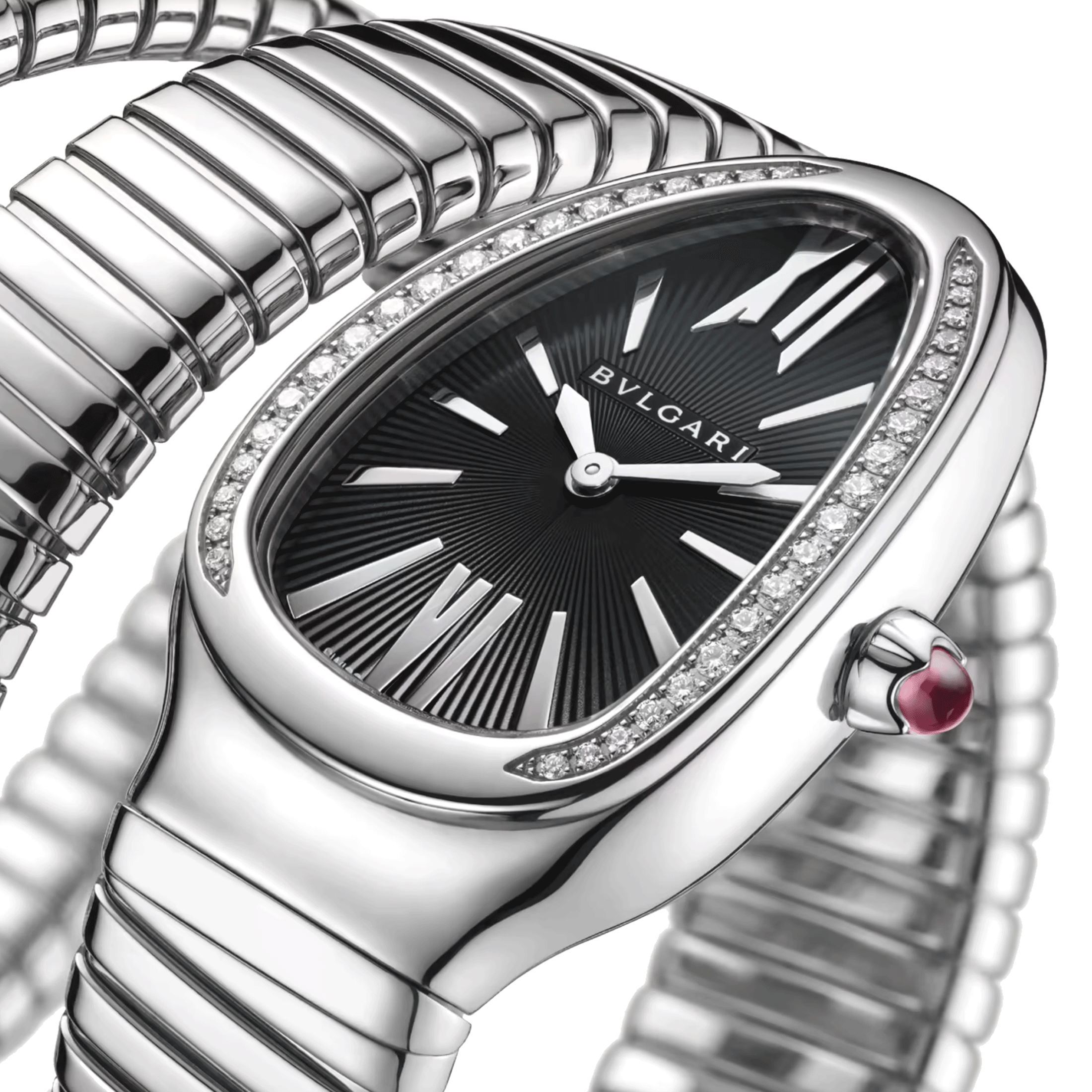 Bulgari Serpenti Tubogas L quartz watch bezel set black dial stainless steel bracelet double tour 35 mm 103818