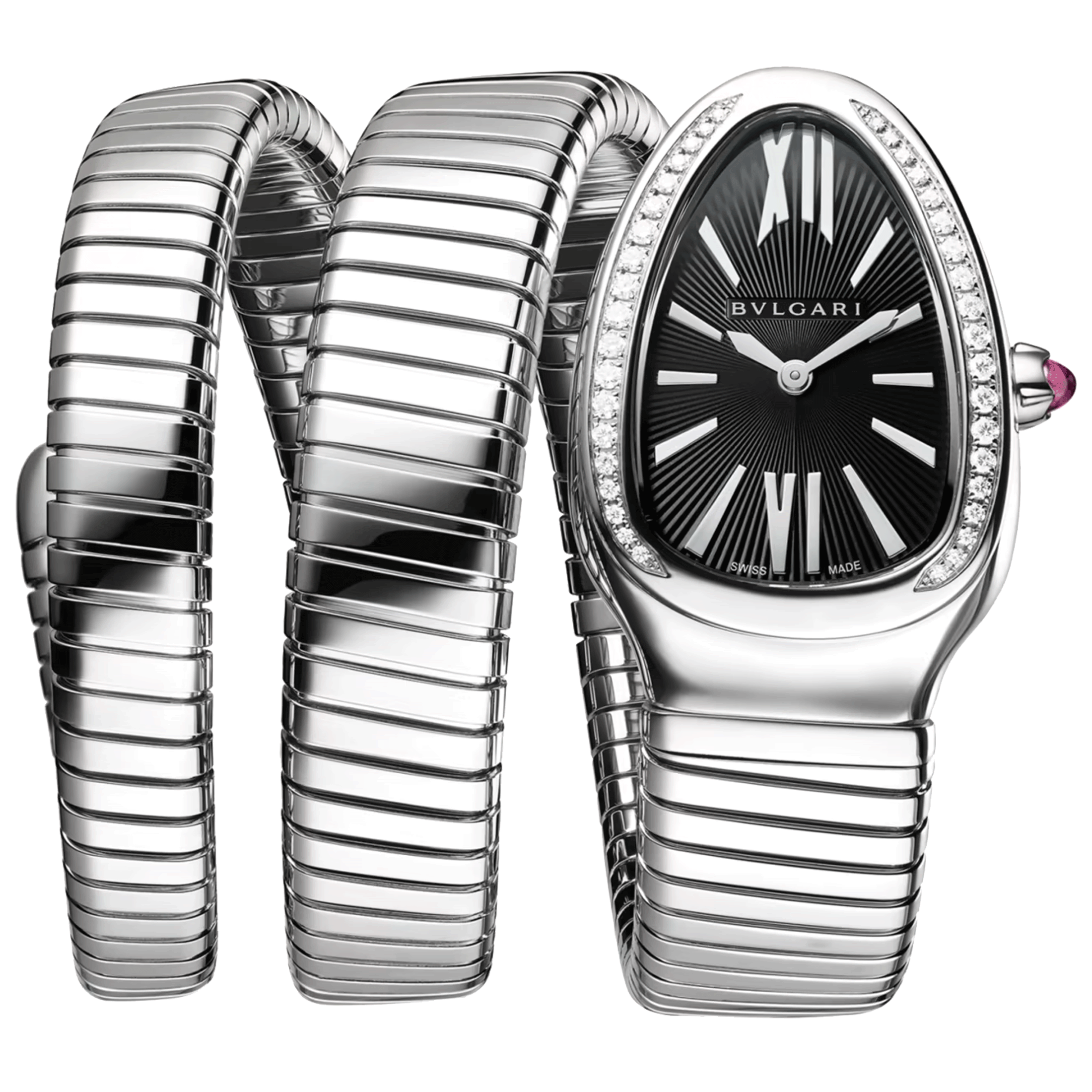 Montre Bulgari Serpenti Tubogas L quartz lunette sertie cadran noir bracelet acier double tour 35 mm 103818