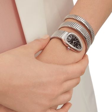 Bulgari Serpenti Tubogas L quartz watch bezel set black dial stainless steel bracelet double tour 35 mm 103818