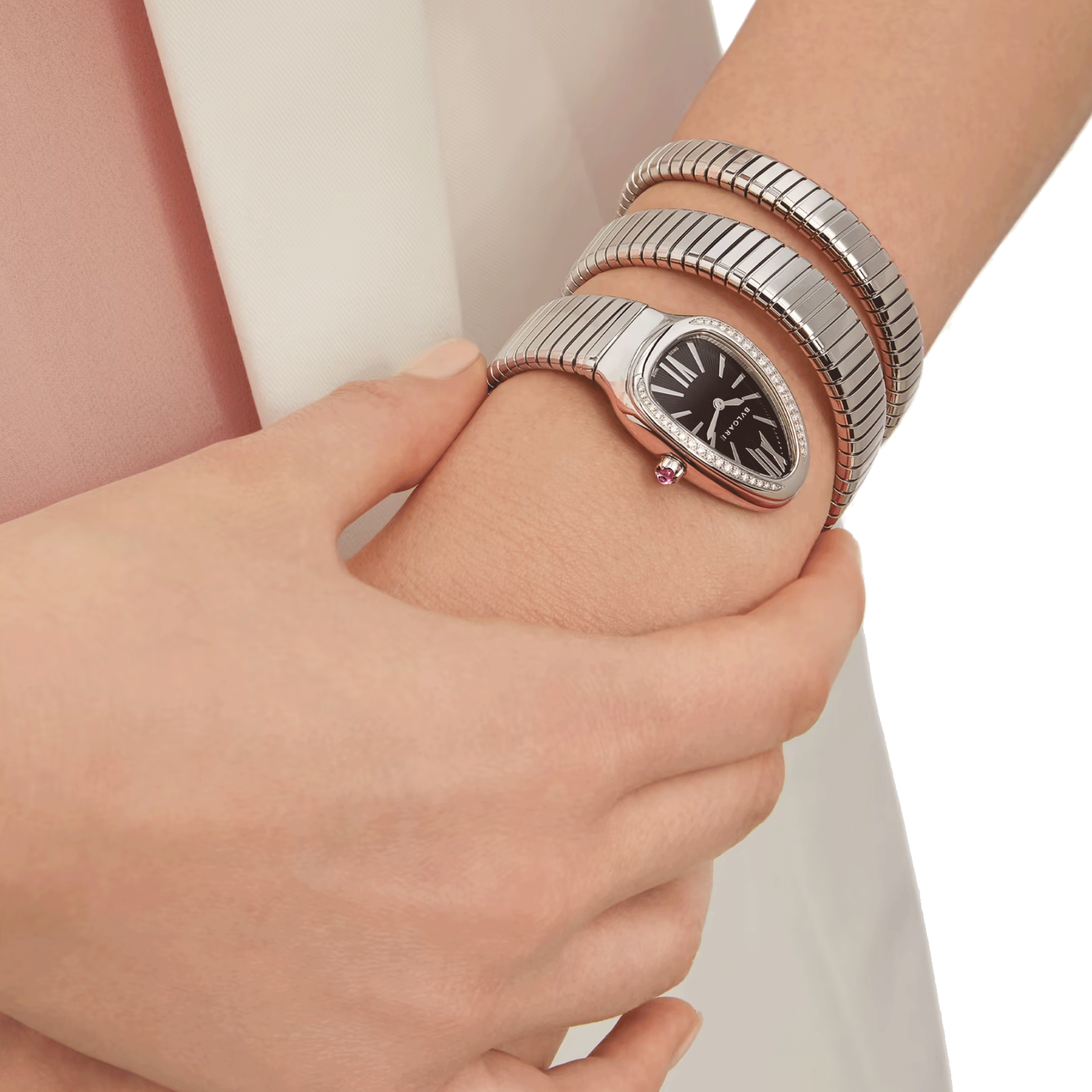 Montre Bulgari Serpenti Tubogas L quartz lunette sertie cadran noir bracelet acier double tour 35 mm 103818