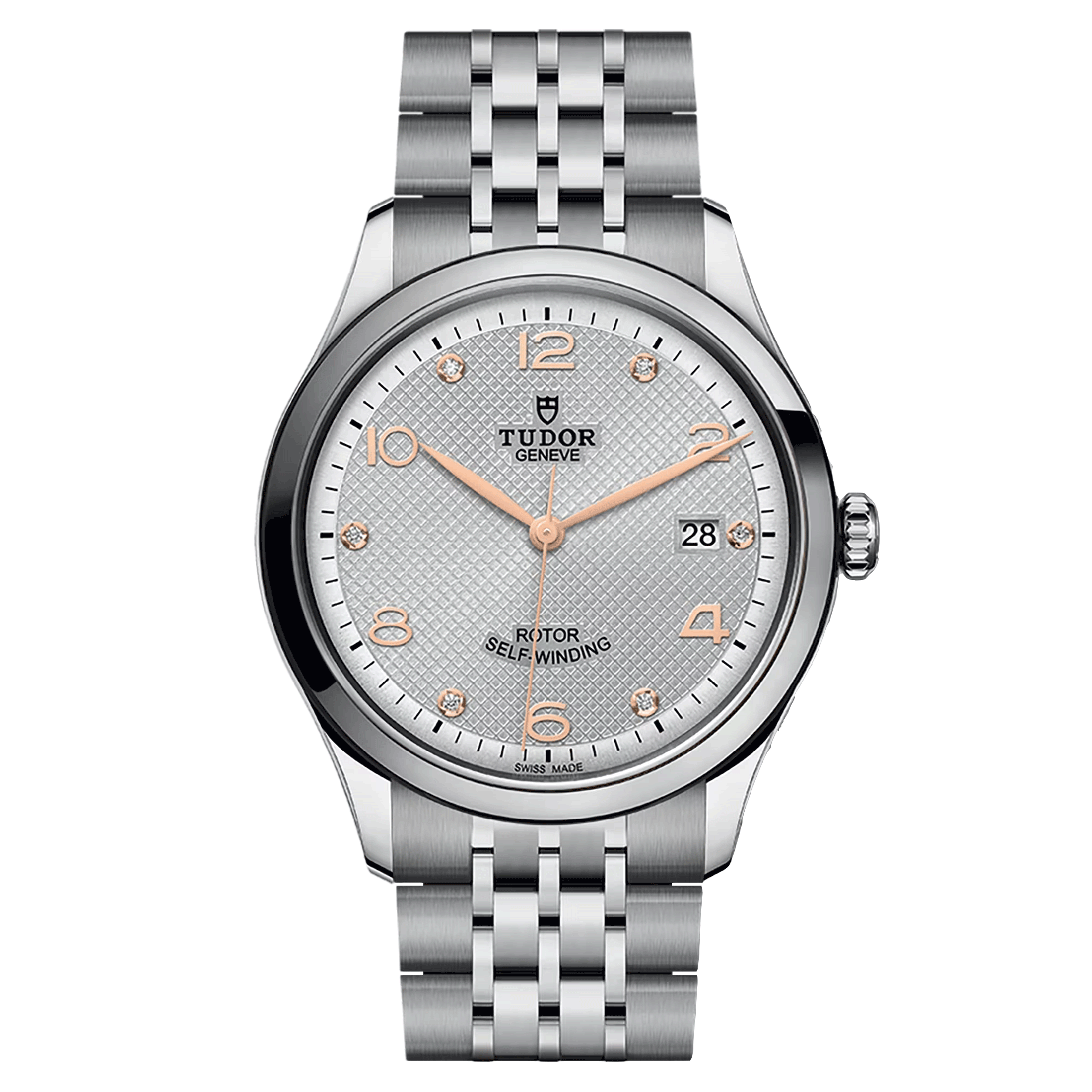 Tudor 1926 automatic watch diamond hour markers rose gold hands silver dial steel bracelet 39 mm