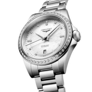 Longines Conquest automatic watch diamond markers bezel set white mother-of-pearl dial steel bracelet 30 mm