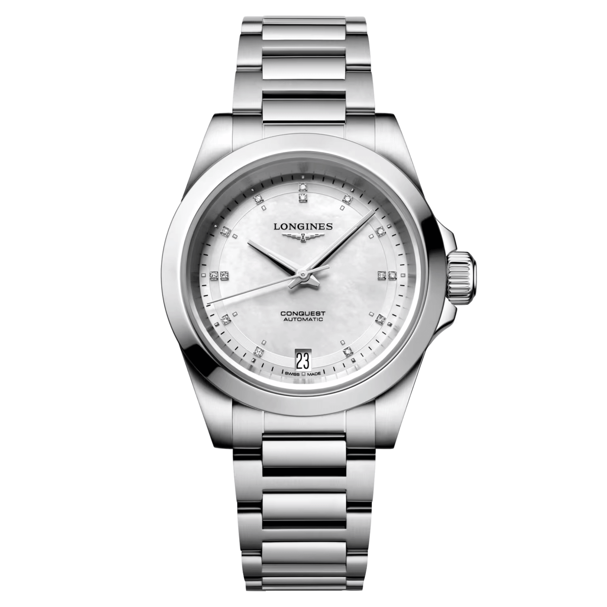 Longines Conquest 2023 automatic watch diamond markers white mother-of-pearl dial steel bracelet 34 mm