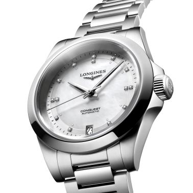 Longines Conquest 2023 automatic watch diamond markers white mother-of-pearl dial steel bracelet 34 mm