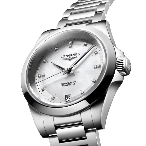 Longines Conquest 2023 automatic watch diamond markers white mother-of-pearl dial steel bracelet 34 mm
