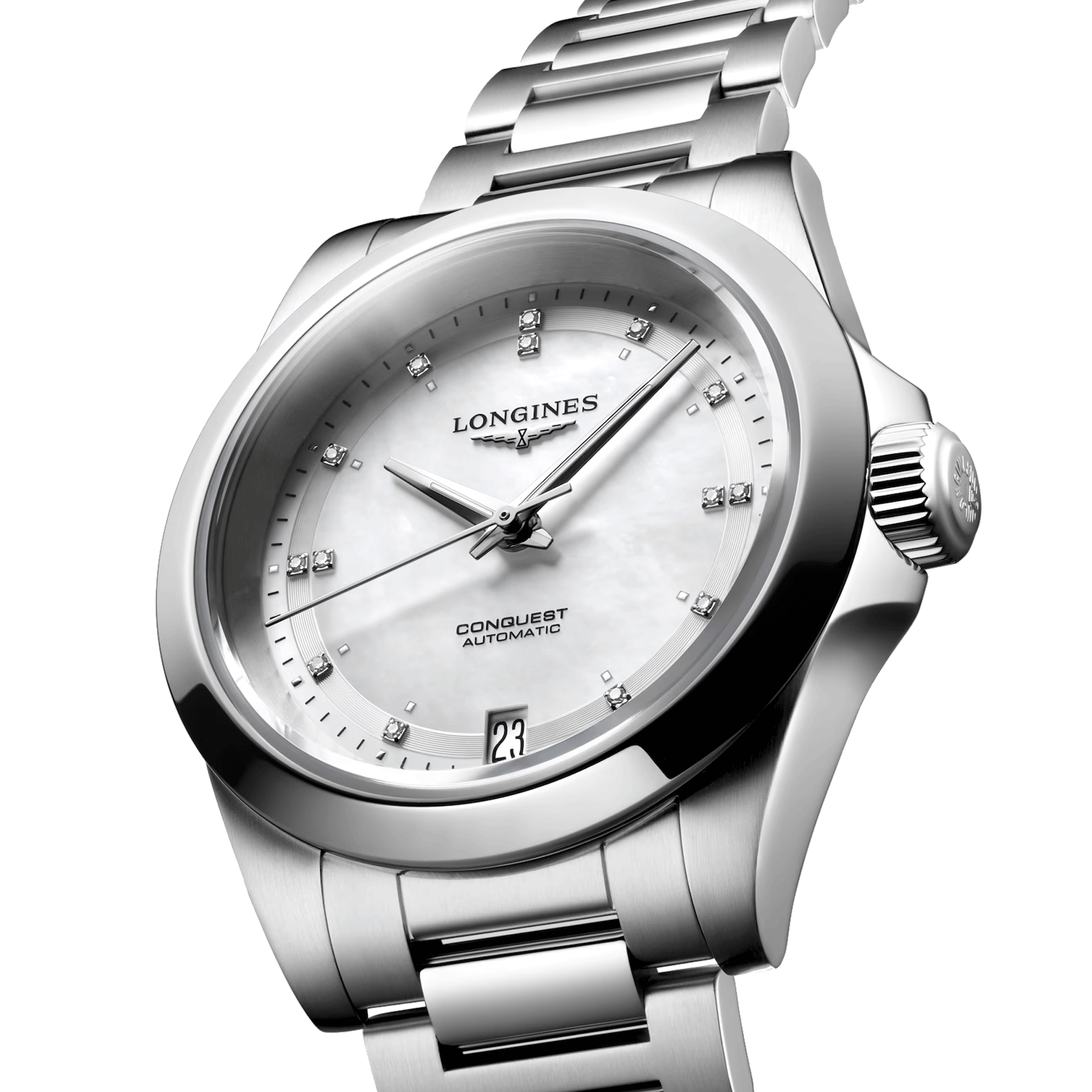 Longines Conquest 2023 automatic watch diamond markers white mother-of-pearl dial steel bracelet 34 mm