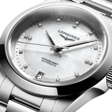 Longines Conquest 2023 automatic watch diamond markers white mother-of-pearl dial steel bracelet 34 mm