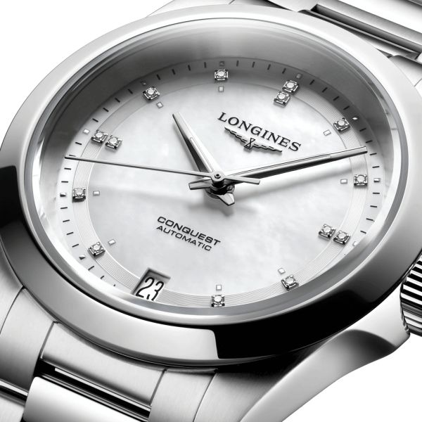 Longines Conquest 2023 automatic watch diamond markers white mother-of-pearl dial steel bracelet 34 mm