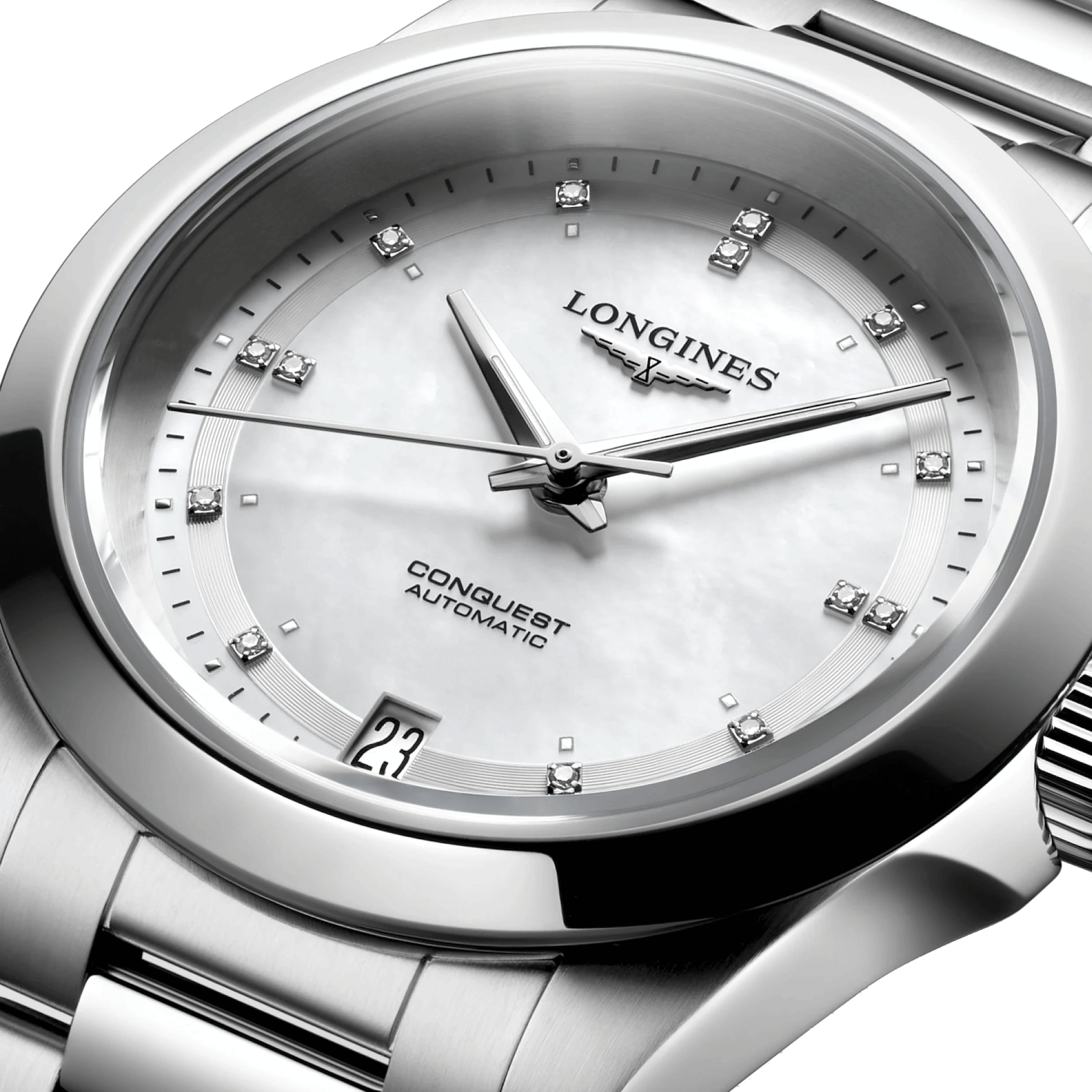 Longines Conquest 2023 automatic watch diamond markers white mother-of-pearl dial steel bracelet 34 mm