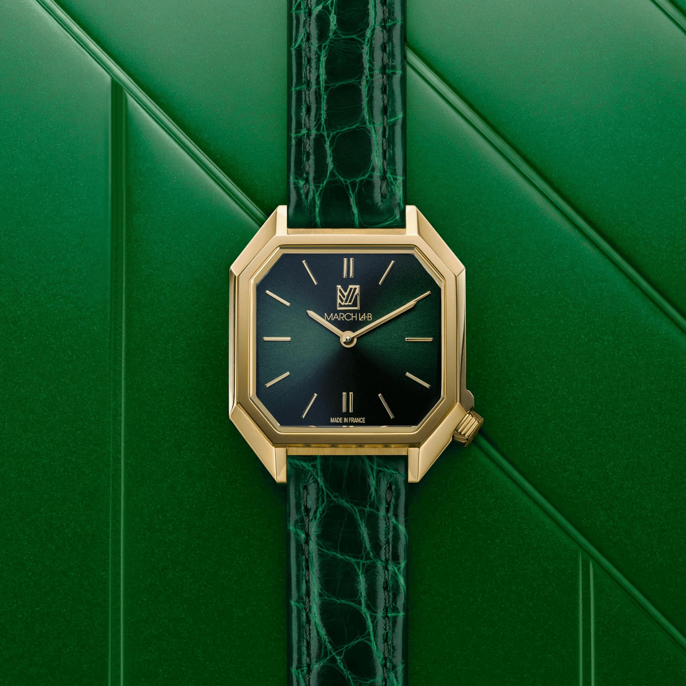 Montre March LA.B Milady Mansart Electrique Emerald quartz bracelet alligator vert 28 mm