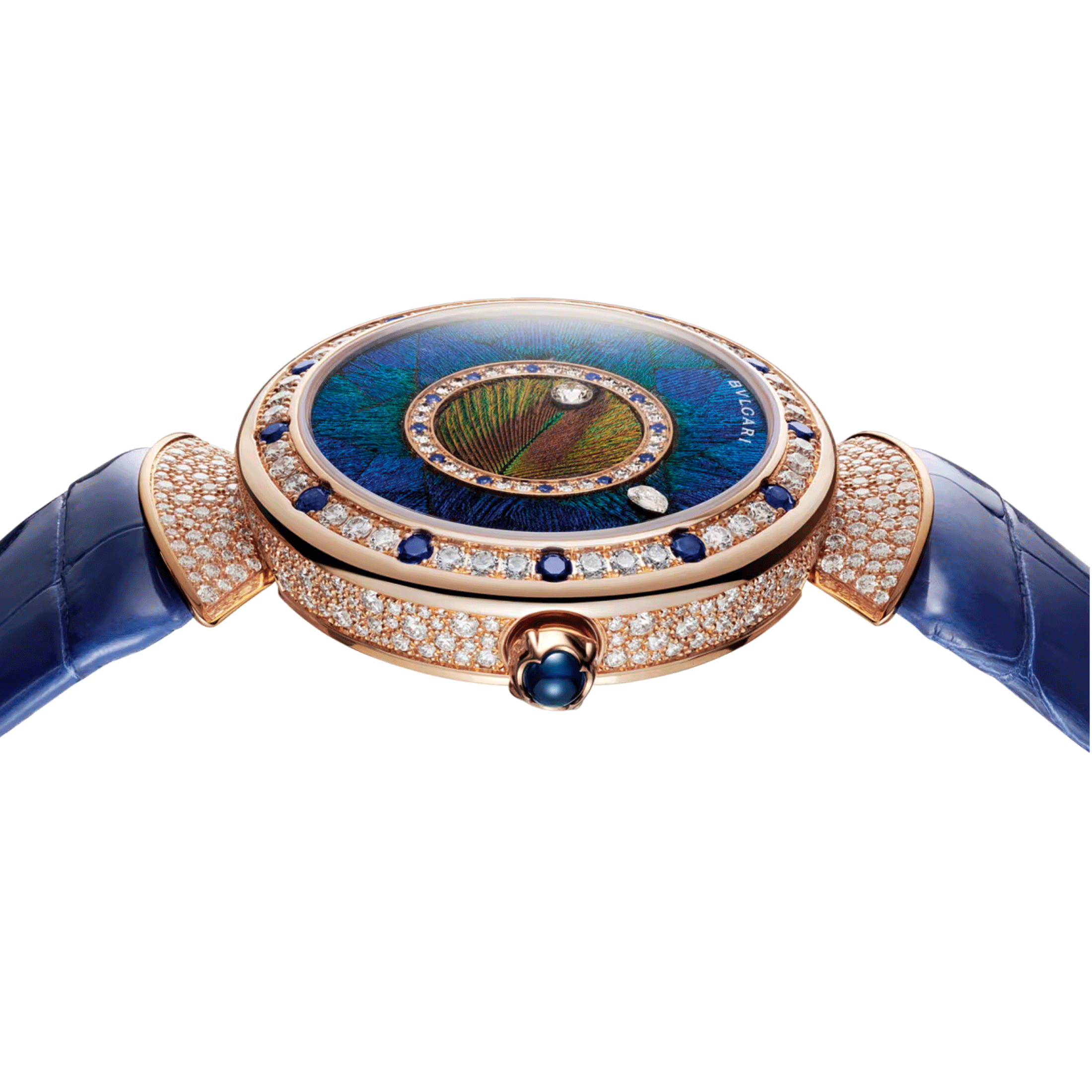 Montre Bulgari Diva's Dream Or Rose automatique lunette sertie cadran bleu bracelet cuir bleu 37 mm 103473