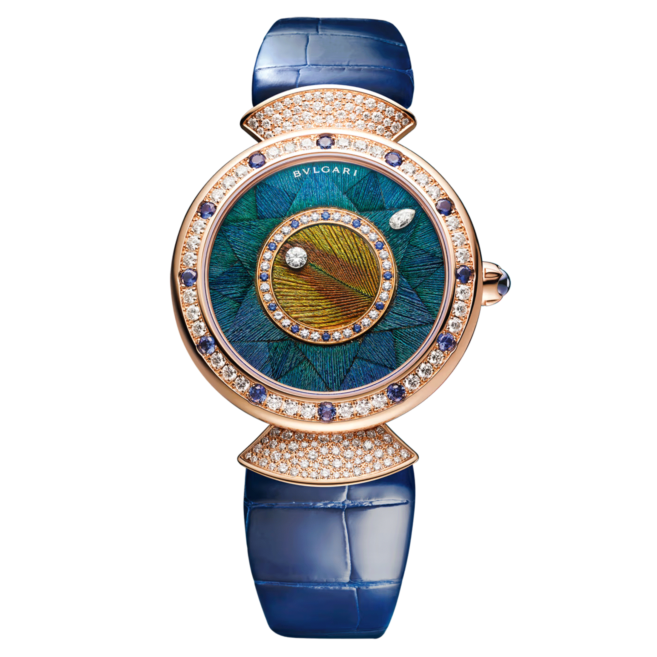 Montre Bulgari Diva's Dream Or Rose automatique lunette sertie cadran bleu bracelet cuir bleu 37 mm 103473