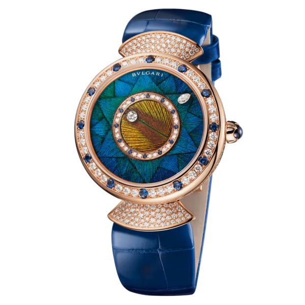 Montre Bulgari Diva's Dream Or Rose automatique lunette sertie cadran bleu bracelet cuir bleu 37 mm 103473