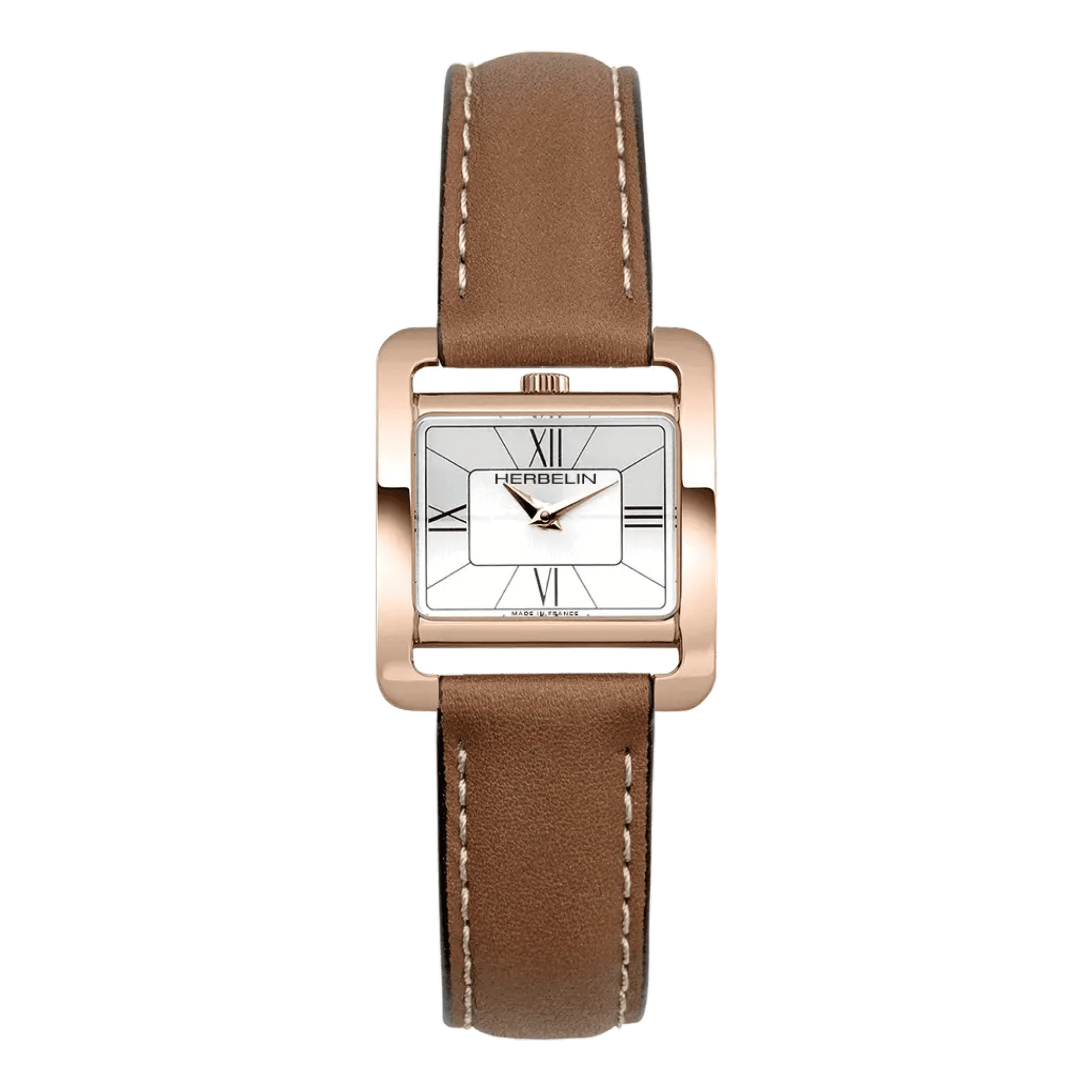 Montre Herbelin V Avenue PVD Or jaune quartz cadran argenté bracelet cuir 25,5 x 19 mm