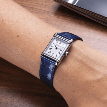 Montre Herbelin Art Déco quartz cadran argent bracelet cuir bleu 20,30 x 24,40 mm