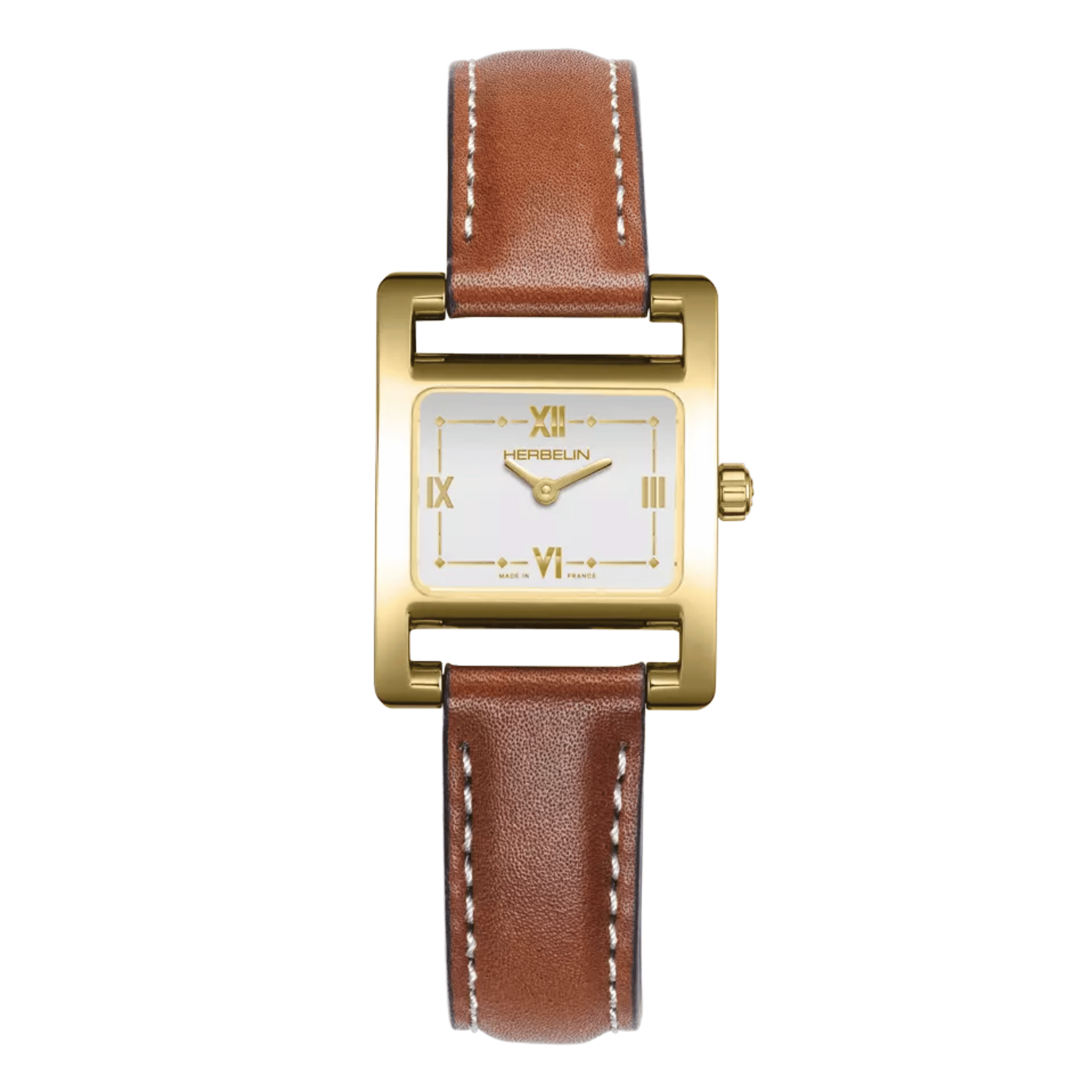 Herbelin V Avenue Gold quartz white lacquer dial leather strap 23,4 x 19 mm