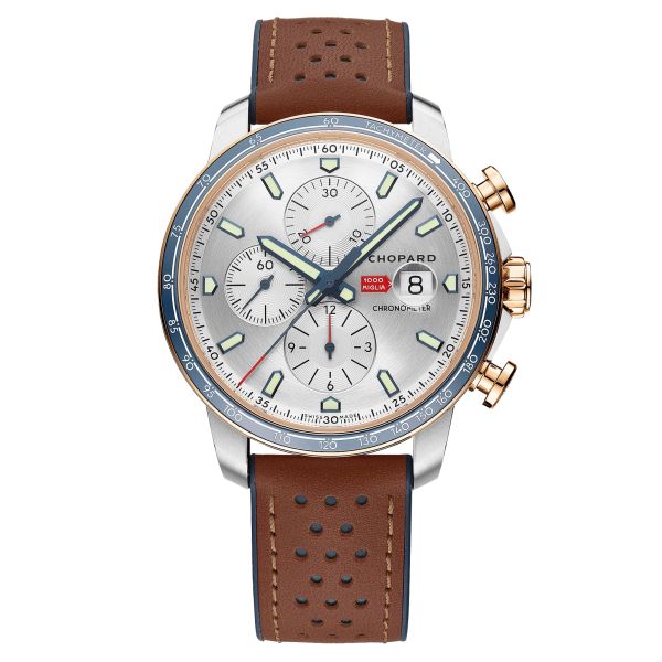 Montre Chopard Mille Miglia Chronographe Race Edition Or Rose automatique cadran gris bracelet cuir marron 44 mm 168571-6004
