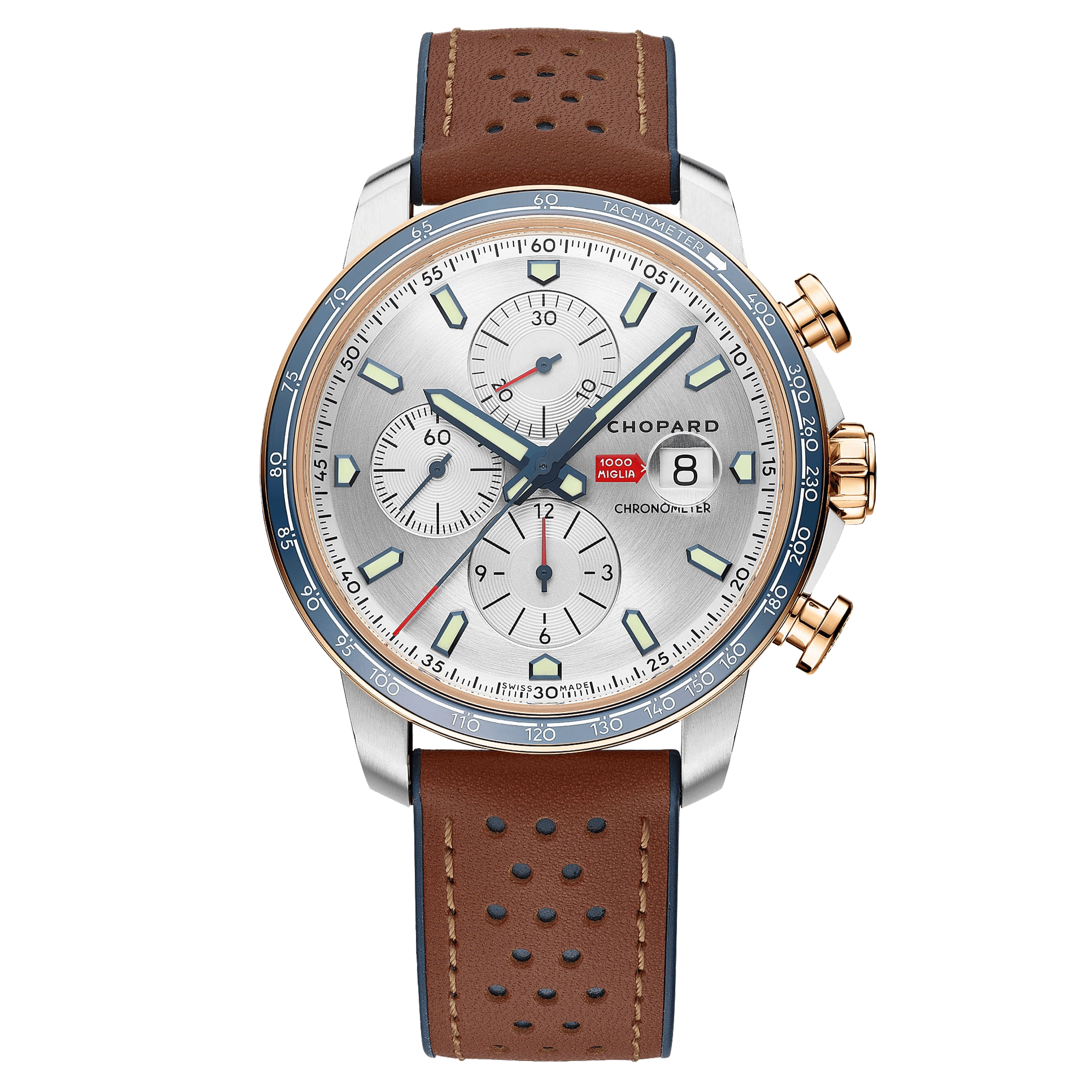 Montre Chopard Mille Miglia Chronographe Race Edition Or Rose automatique cadran gris bracelet cuir marron 44 mm 168571-6004