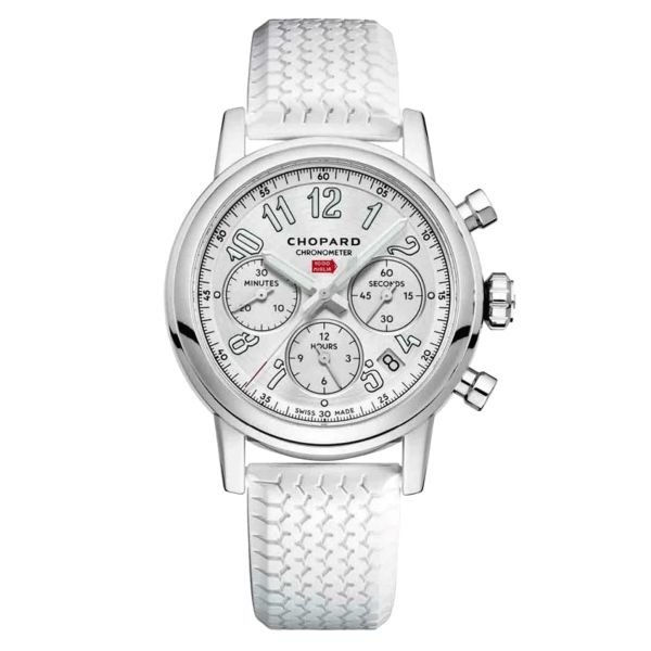 Montre Chopard Mille Miglia Chronographe automatique cadran argent bracelet caoutchouc blanc 39 mm 168588-3001