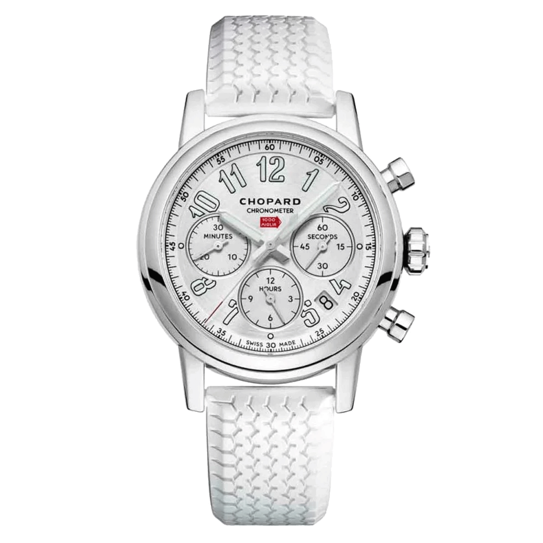 Chopard Mille Miglia automatic chronograph watch silver dial white rubber strap 39 mm 168588-3001