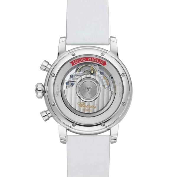 Montre Chopard Mille Miglia Chronographe automatique cadran argent bracelet caoutchouc blanc 39 mm 168588-3001
