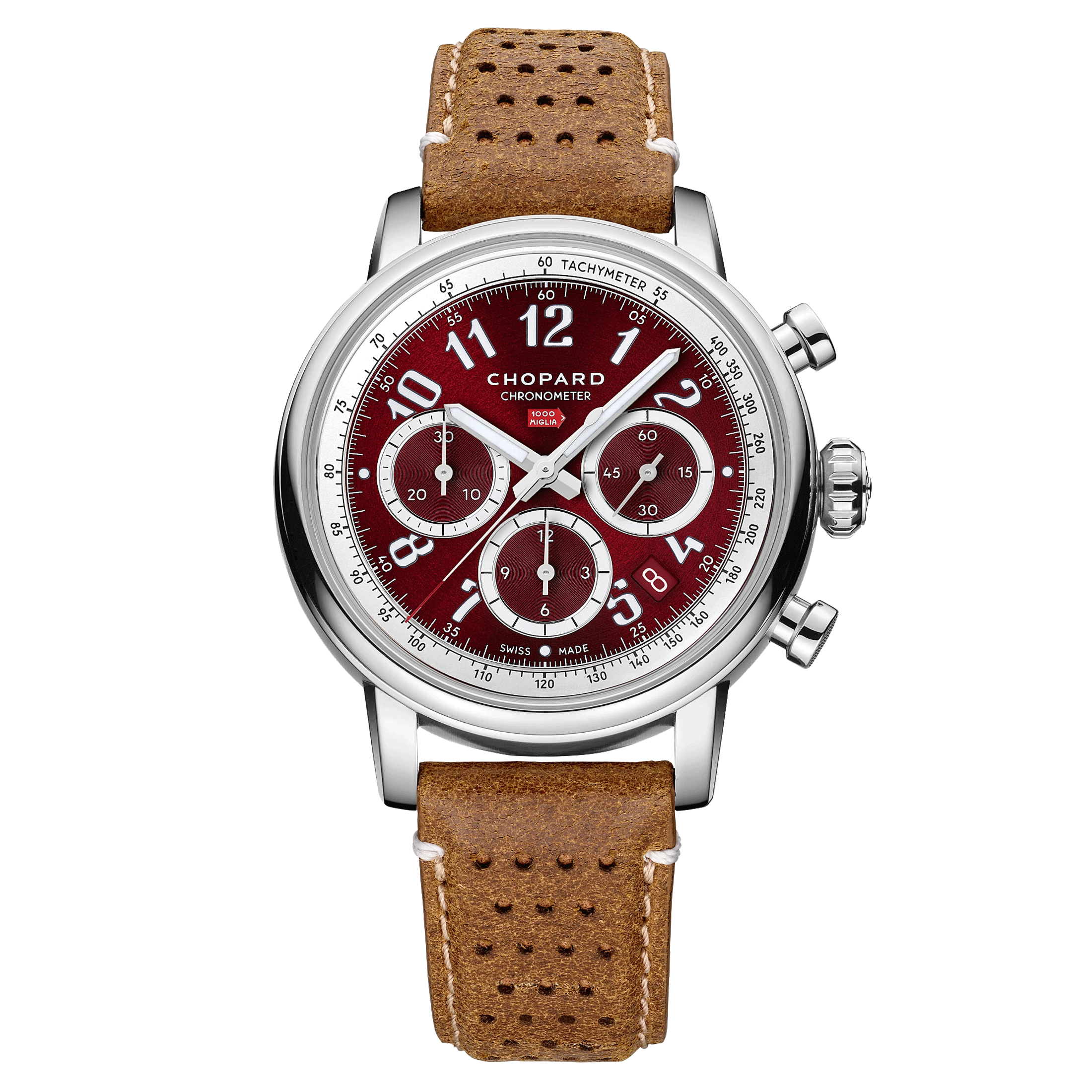 Montre Chopard Mille Miglia Classic Chronographe automatique cadran rouge bracelet cuir brun 40,5 mm 168619-3003