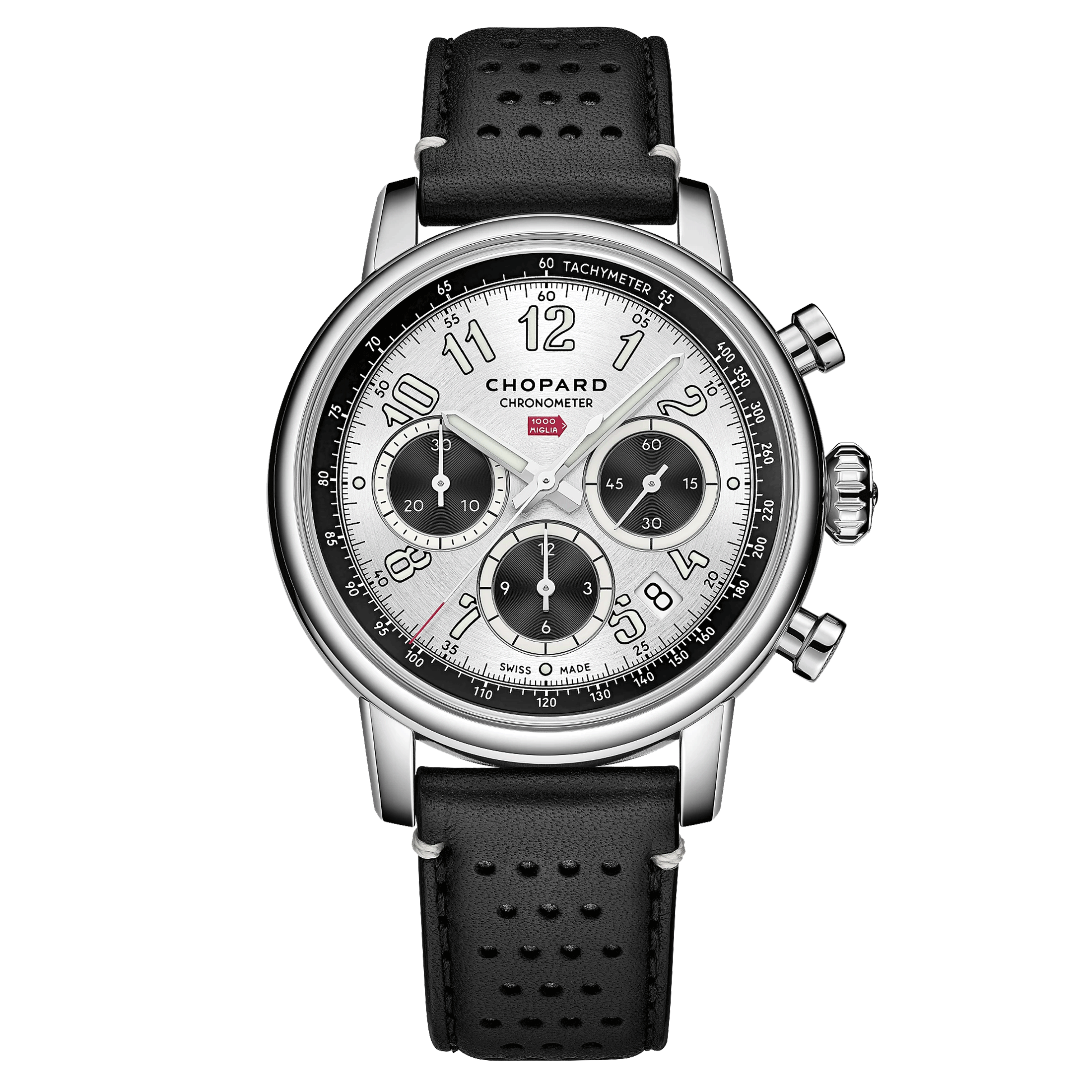 Chopard Mille Miglia Classic automatic chronograph watch silver dial black leather strap 40.5 mm 168619-3005