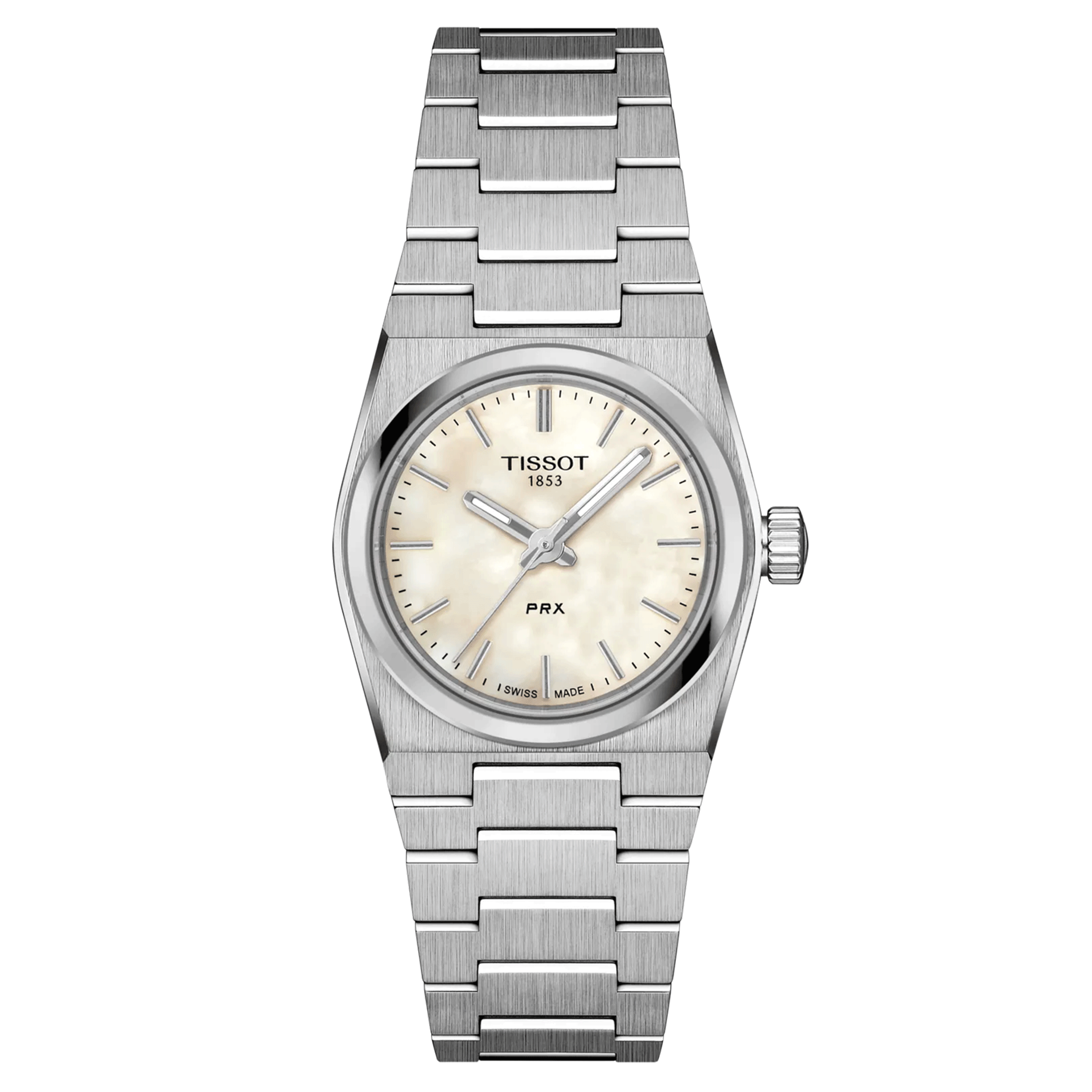 Tissot PRX quartz watch white mother-of-pearl dial steel bracelet 25 mm T137.010.11.111.00