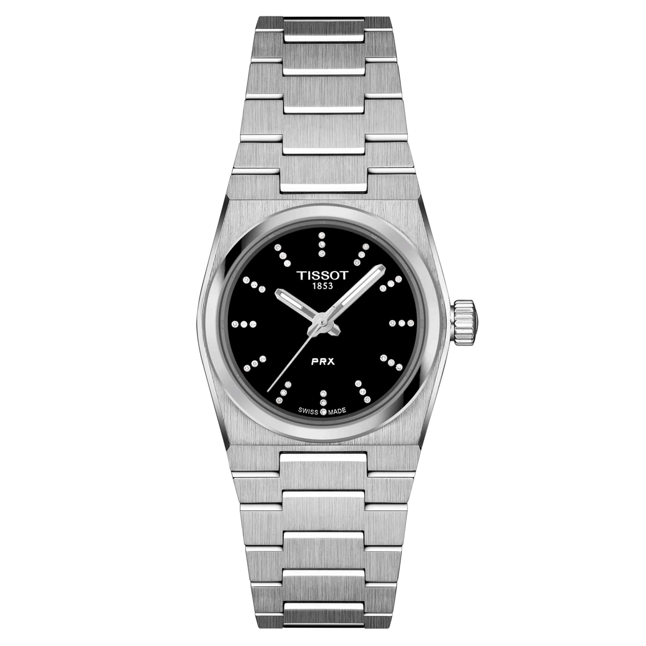 Tissot PRX quartz watch diamond index black dial steel bracelet 25 mm T137.010.11.056.00