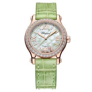 Montre Chopard Happy Sport Or Rose automatique lunette sertie cadran nacre verte bracelet cuir vert 30 mm 274893-5016