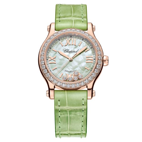 Chopard Happy Sport Rose Gold automatic watch bezel set green mother-of-pearl dial green leather strap 30 mm 274893-5016
