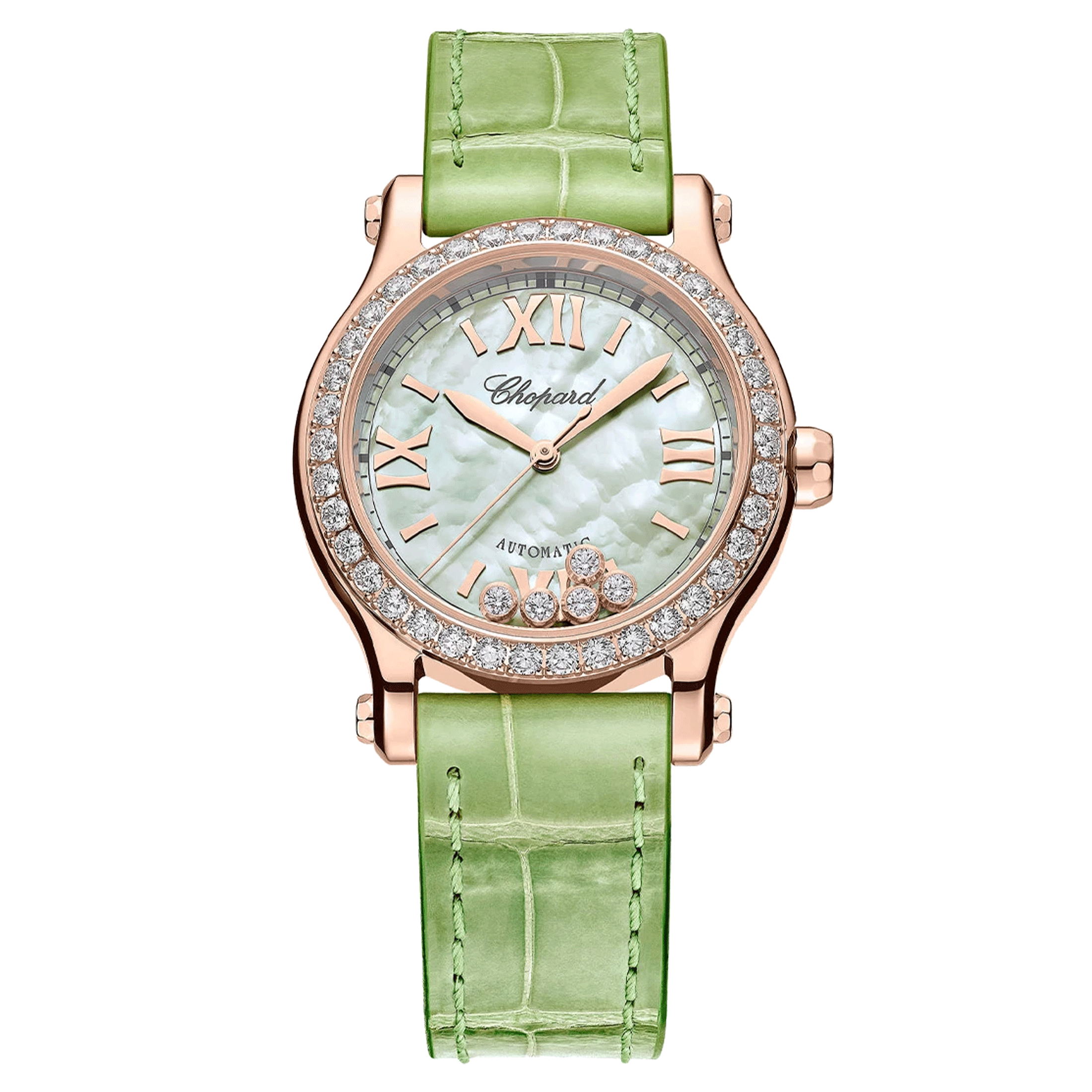 Montre Chopard Happy Sport Or Rose automatique lunette sertie cadran nacre verte bracelet cuir vert 30 mm 274893-5016