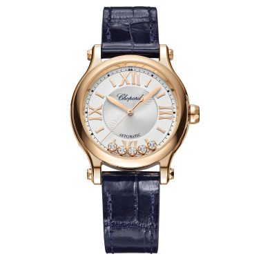Chopard Happy Sport Rose Gold automatic watch silver dial blue leather strap 33 mm 275378-5001