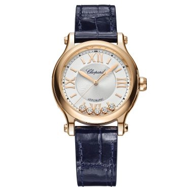 Montre Chopard Happy Sport Or Rose automatique cadran argent bracelet cuir bleu 33 mm 275378-5001