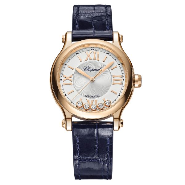 Montre Chopard Happy Sport Or Rose automatique cadran argent bracelet cuir bleu 33 mm 275378-5001