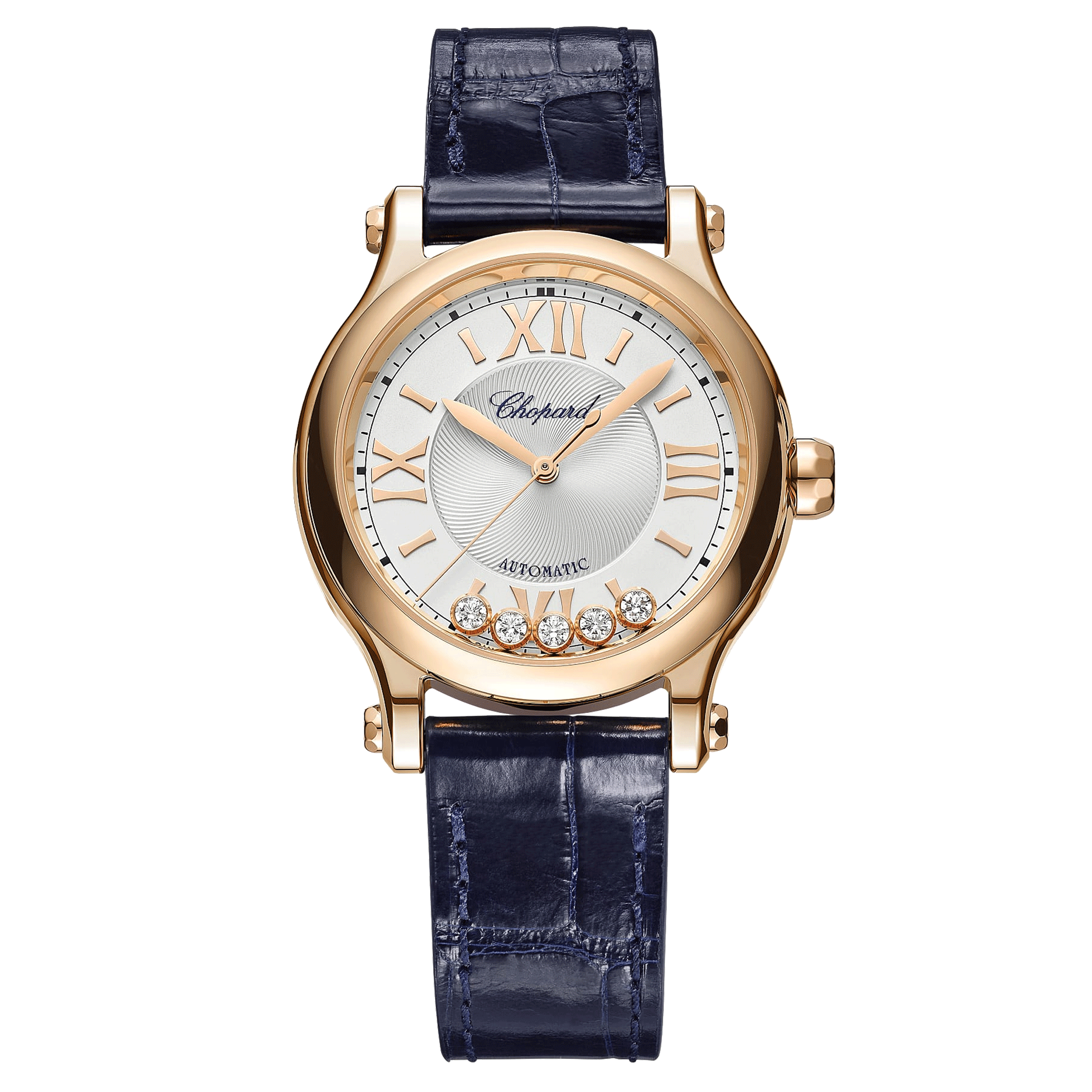 Montre Chopard Happy Sport Or Rose automatique cadran argent bracelet cuir bleu 33 mm 275378-5001