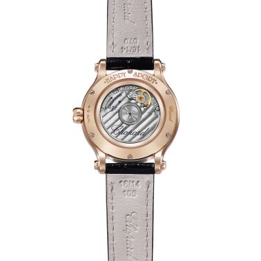 Montre Chopard Happy Sport Or Rose automatique cadran argent bracelet cuir bleu 33 mm 275378-5001