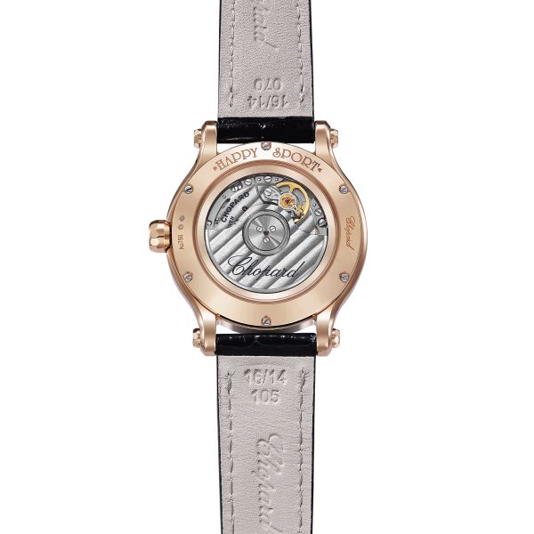 Montre Chopard Happy Sport Or Rose automatique cadran argent bracelet cuir bleu 33 mm 275378-5001