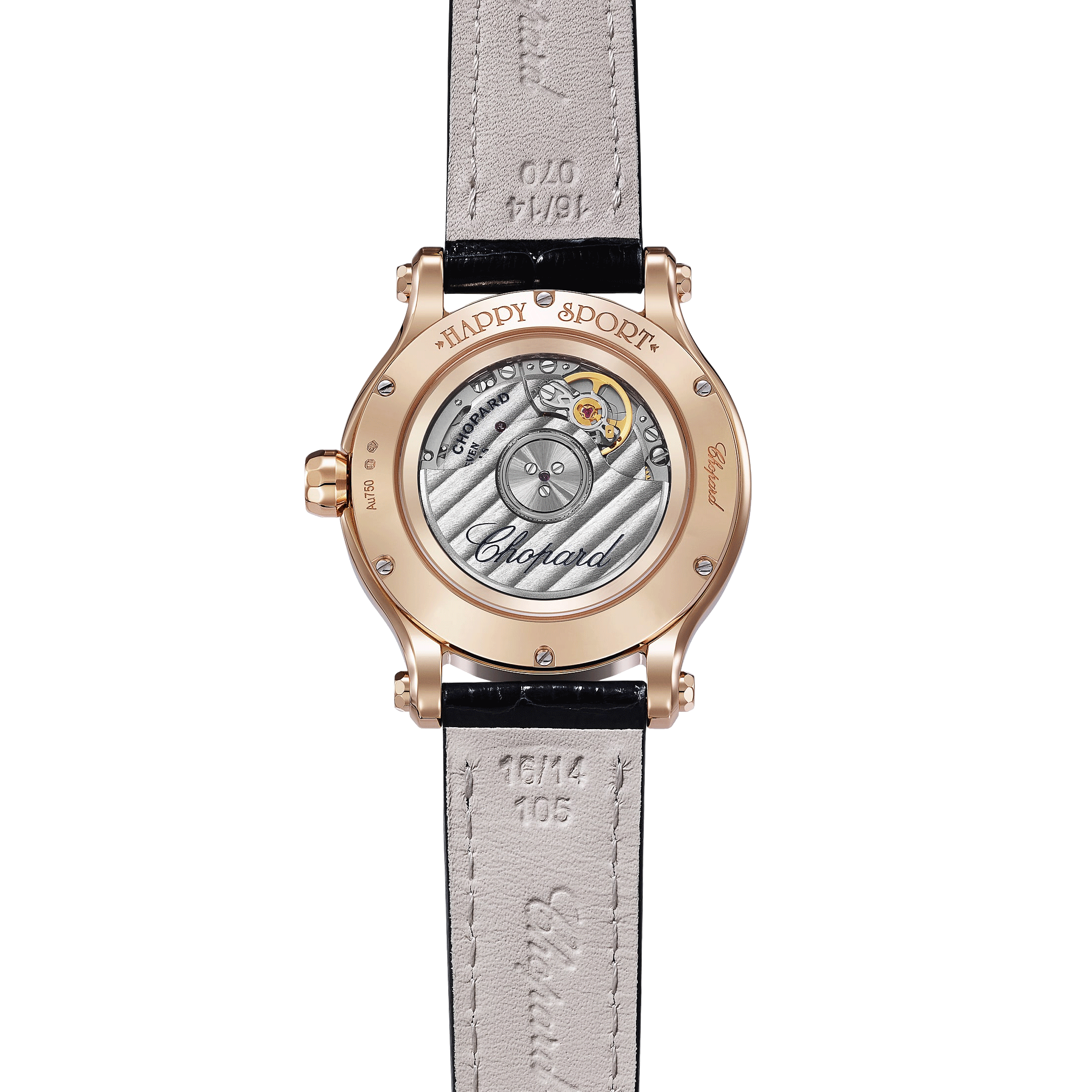 Montre Chopard Happy Sport Or Rose automatique cadran argent bracelet cuir bleu 33 mm 275378-5001