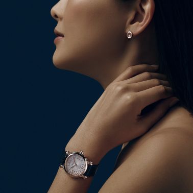 Montre Chopard Happy Sport Or Rose automatique cadran argent bracelet cuir bleu 33 mm 275378-5001