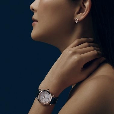 Montre Chopard Happy Sport Or Rose automatique cadran argent bracelet cuir bleu 33 mm 275378-5001