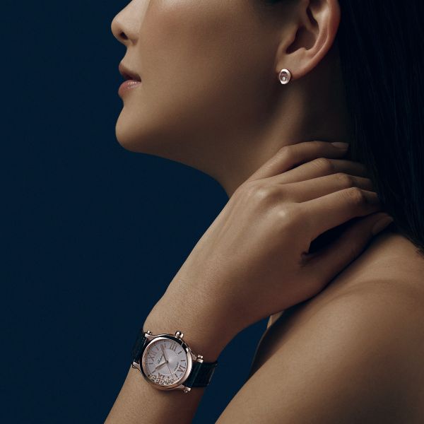 Montre Chopard Happy Sport Or Rose automatique cadran argent bracelet cuir bleu 33 mm 275378-5001