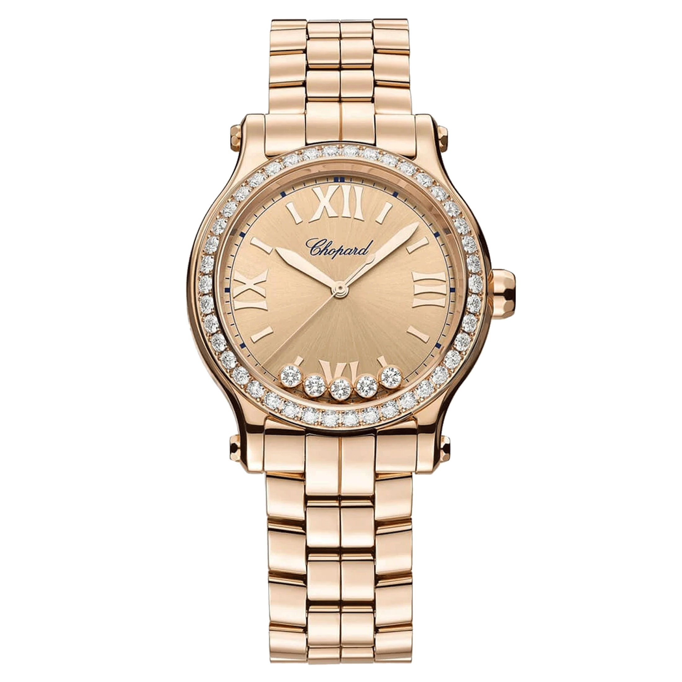 Montre Chopard Happy Sport Or Rose automatique lunette sertie cadran doré bracelet or rose 33 mm 275378-5009